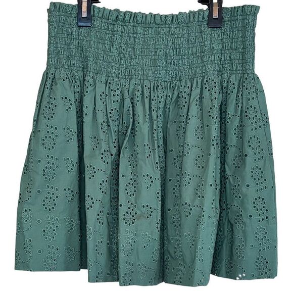 JASON WU Smocked Eyelet Mini Skirt in Olive Green NWT Size Large - Picture 7 of 10